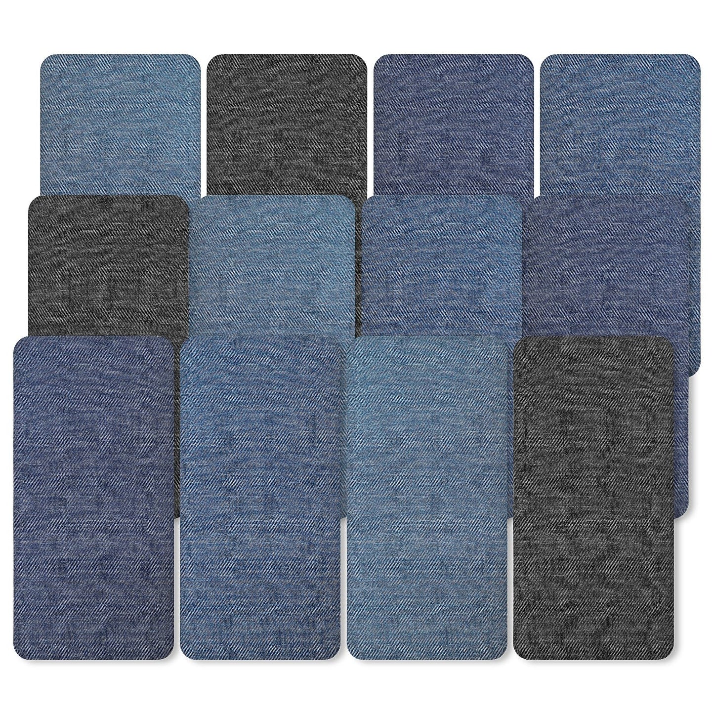 Tyqour 12Pcs Denim Patches for Jeans Iron On Patches for Clothing Fabric Repair Patch Strong Sticky Self-Adhesive Jeans Patches for Inside & Outside Repair Decorating Kit