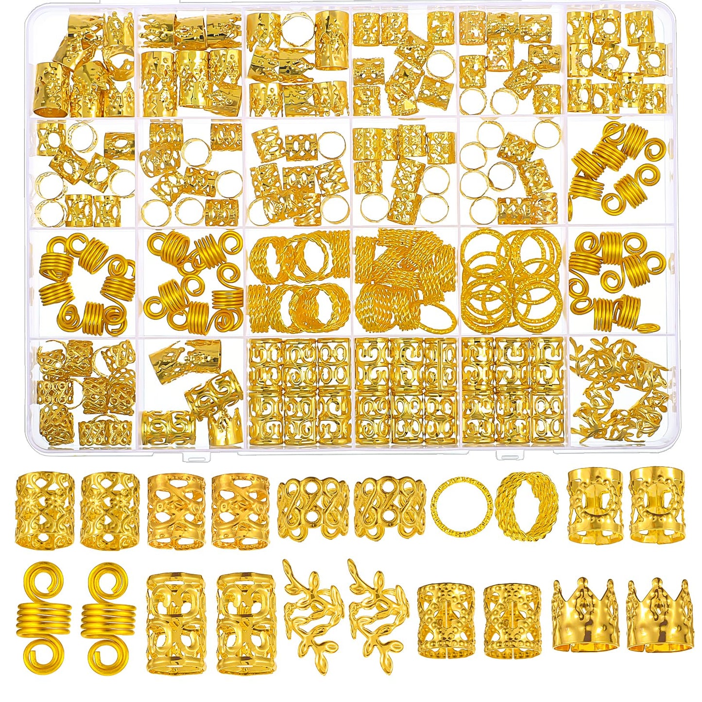 Tyqour 220Pcs Gold Hair Jewelry for Braids Adjustable Hair Cuffs Hair Charms Rings Hair Jewellery Dreadlock Braid Accessories for Hair Decorating Women Men Party Music Festival
