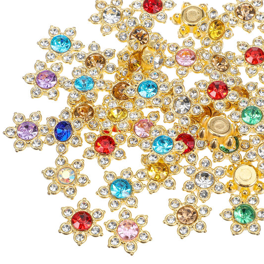 Xindojuz 100 PCS Sew on Rhinestones for Clothes, 13mm Flower Flatback Glass Gems for Crafting, Gold Base Jewels for Crafts DIY Shoes Earring Jewelry Making Clothing Accessories (Mixed Color)