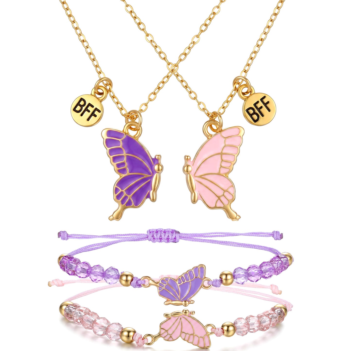 Ouligay 4 Pcs Friendship Necklace for 2, Best Friend Bracelet, Bff Necklace, Butterfly Matching Bracelets for Couples, Friendship Bracelet, Adjustable Jewelry Gifts for Women Couples Bestie