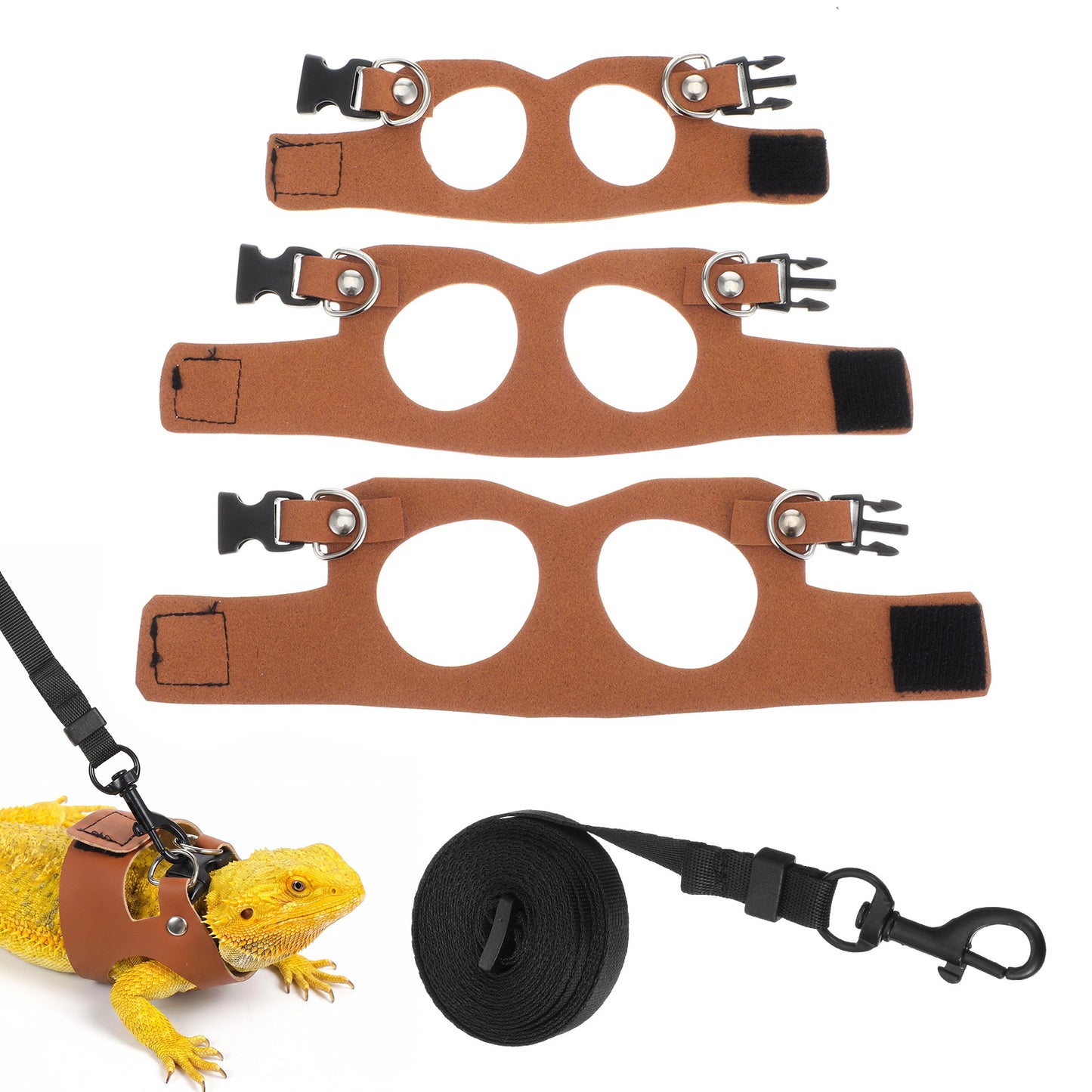 RAHHLIZS Bearded Dragon Leash and Harness Set, 3 Sizes Adjustable Reptile Harness with Nylon Traction Rope, Brown Lizard Accessories for Bearded Dragon, Leopard Gecko, Small Pet Walking