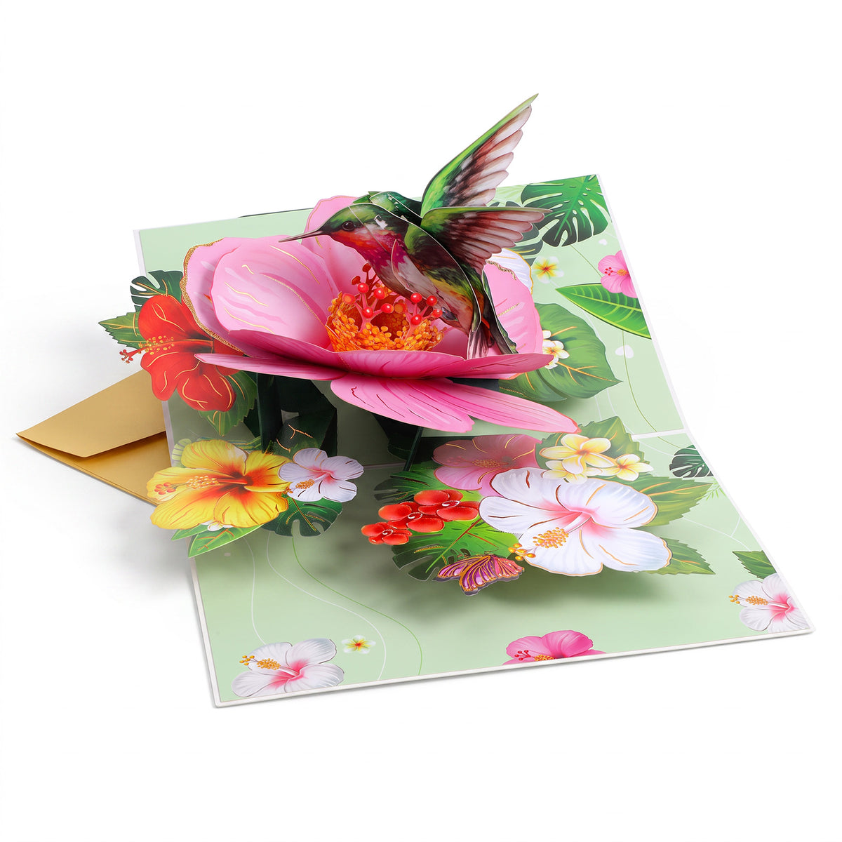 Hummingbird Pop up Card, 3D Greeting Card with Fuchsia with Envelope