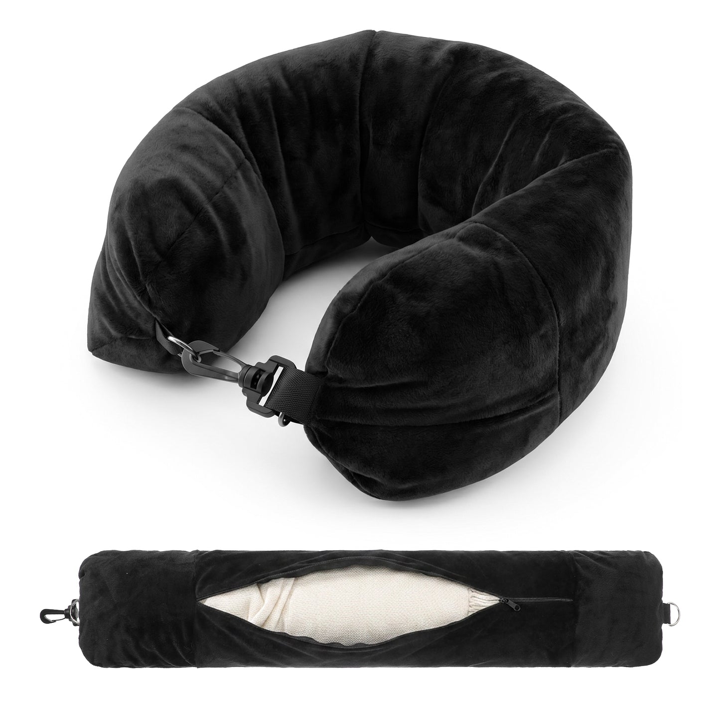 Bremorou Stuffable Travel Neck Pillow Velvet Stuffable Pillow For Extra Luggage Adjustable Neck Size, Portable Travel Essentials Multifunctional Sleeping Rest Cush 70x19cm, Black