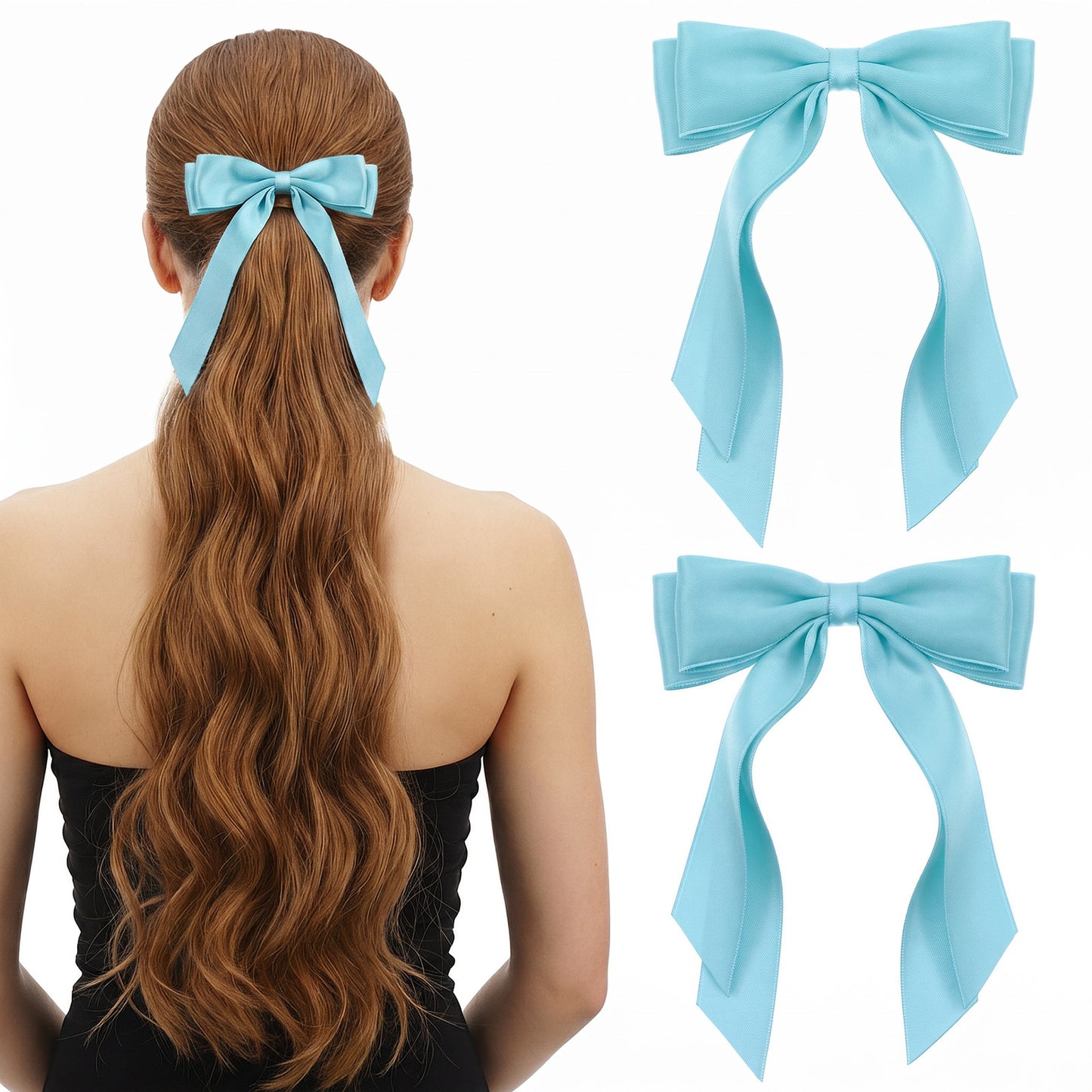 Matwsec 2PCS Blue Hair Bow Light Blue Bows for Hair Ribbon Clip with Tails Barrettes Accessories for Women Girls Wedding Dress Decor