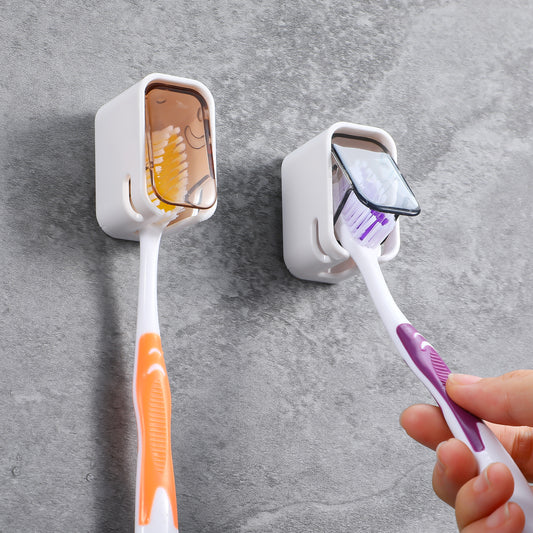 2 Slots Wall Mount Toothbrush Holder With Cover,Toothbrush Holders For Bathrooms,Self Adhesive Toothbrushes Storage Organizer For Shower,Single Toothbrushes Dispenser Storage Organizer For Family