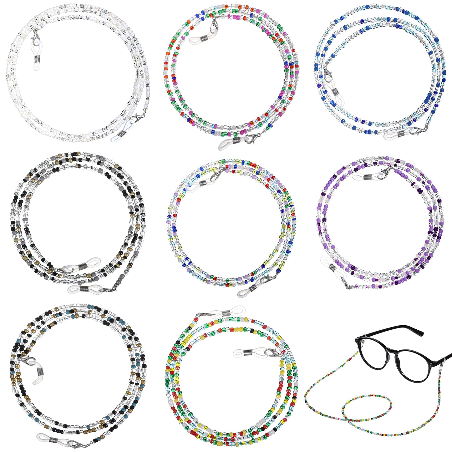 8PCS Glasses Chain Beaded Eyeglasses Strap Lanyard, Stylish Colorful Sunglass Chains String Bead Eye Glasses Holders Around Neck for Women