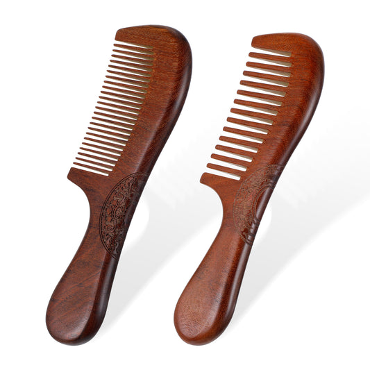2 Pcs Wooden Comb for Women Hair Growth, Wide Tooth Bamboo Comb for Curly Hair Detangling, No Static Natural Sandalwood, Men Fit Long, Short, Thick, Thin, Wavy, Straight tousle with Comfortable Handle