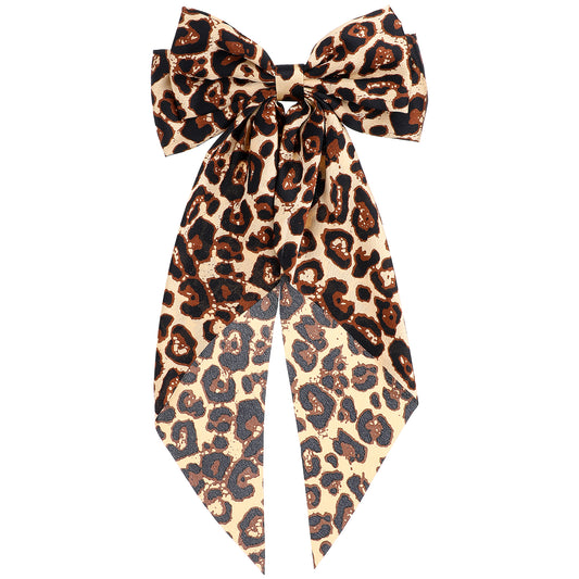 1 Pcs Leopard Hair Bow Oversized Cheetah Print Bow with Long Tail Satin Ribbon Barrette for Women Ponytail Hair Accessories Big Yellow Leopard Furling Pompoms Hairs Bows Festival Gifts