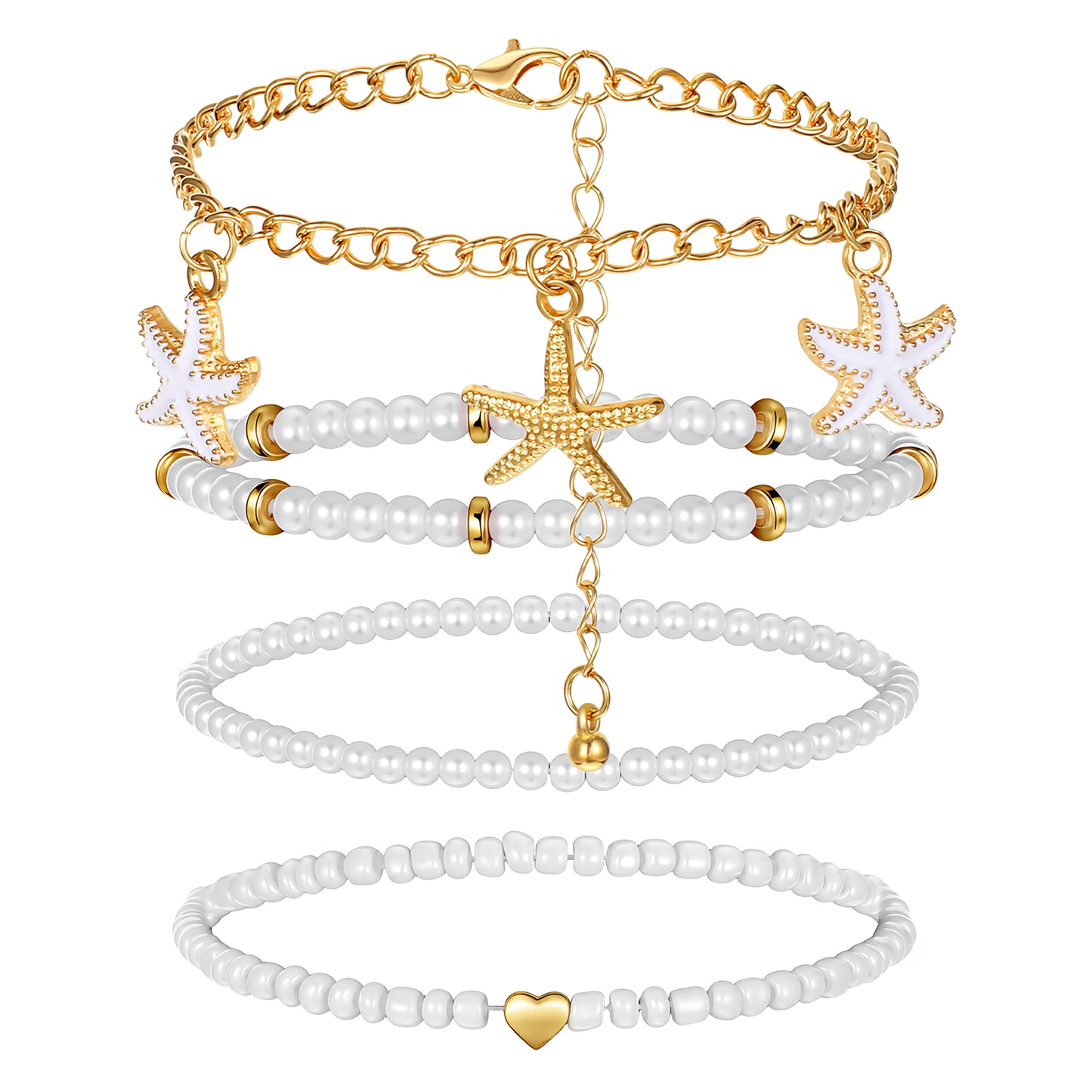 RAHHLIZS Boho Gold Anklets Set with Pearl Beads Starfish, Adjustable Layered Ankle Bracelet, Hawaiian Anklets for Women Waterproof Summer Beach Jewelry Gift, 4pc