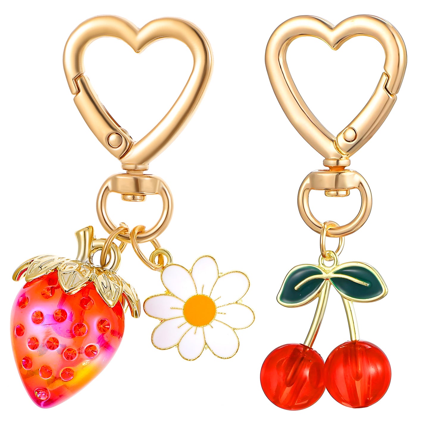 2 Pcs Strawberry Keychain Charm & Cherry Key Chain Set Kawaii Heart Flower Daisy Bag Purse Charms Cute Bag Charms for Women Car Keys Decor Handbags Backpacks Purse Stuff Accessories Gifts Red