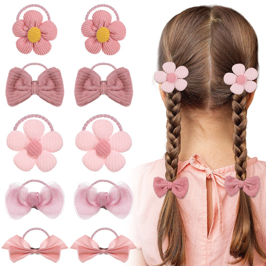10Pcs Bow Hair Ties for Girls – Soft Elastic Hair Bands with Cute Bows, Toddler & Baby Hairs Accessories for Thin or Thick Long Hairs (Pink)