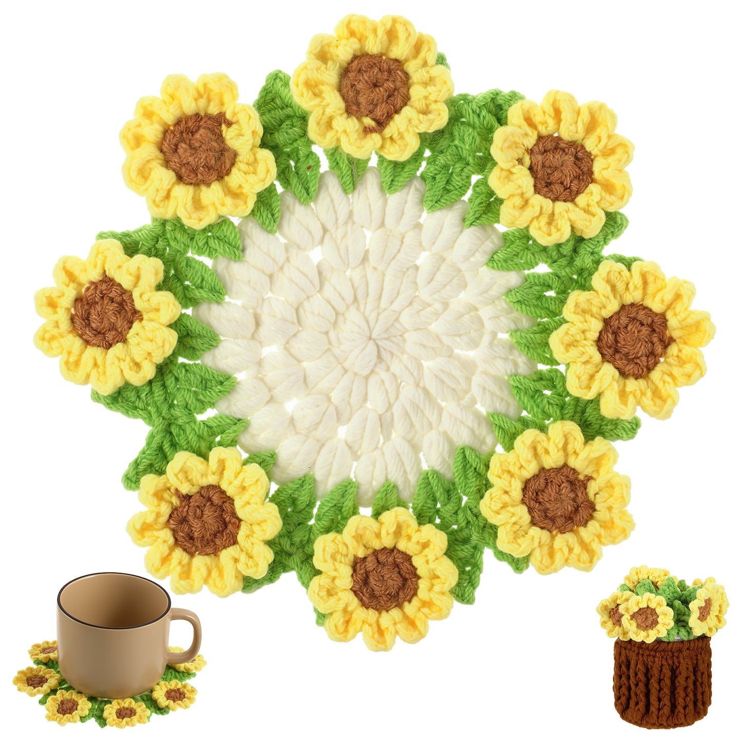 RAHHLIZS Handmade Crochet Sunflower Coaster, Knitted Flowers Desk Coaster, Cute Crocheted Flowers for Friends, Family and Lover, Coffee Tabletop Protection and Home Decor