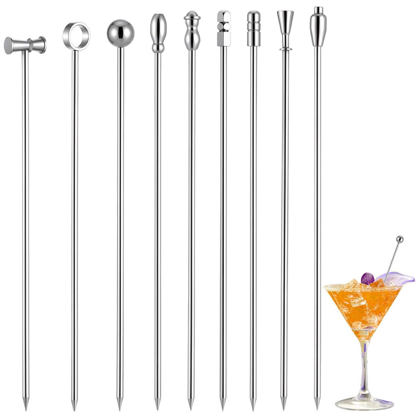 RAHHLIZS 9pcs Metal Cocktail Picks Styles Reusable Stainless Steel Toothpicks Cocktail Stirrers Martini Picks Set Bar Accessories for Drinks Appetizer Bar Party Club