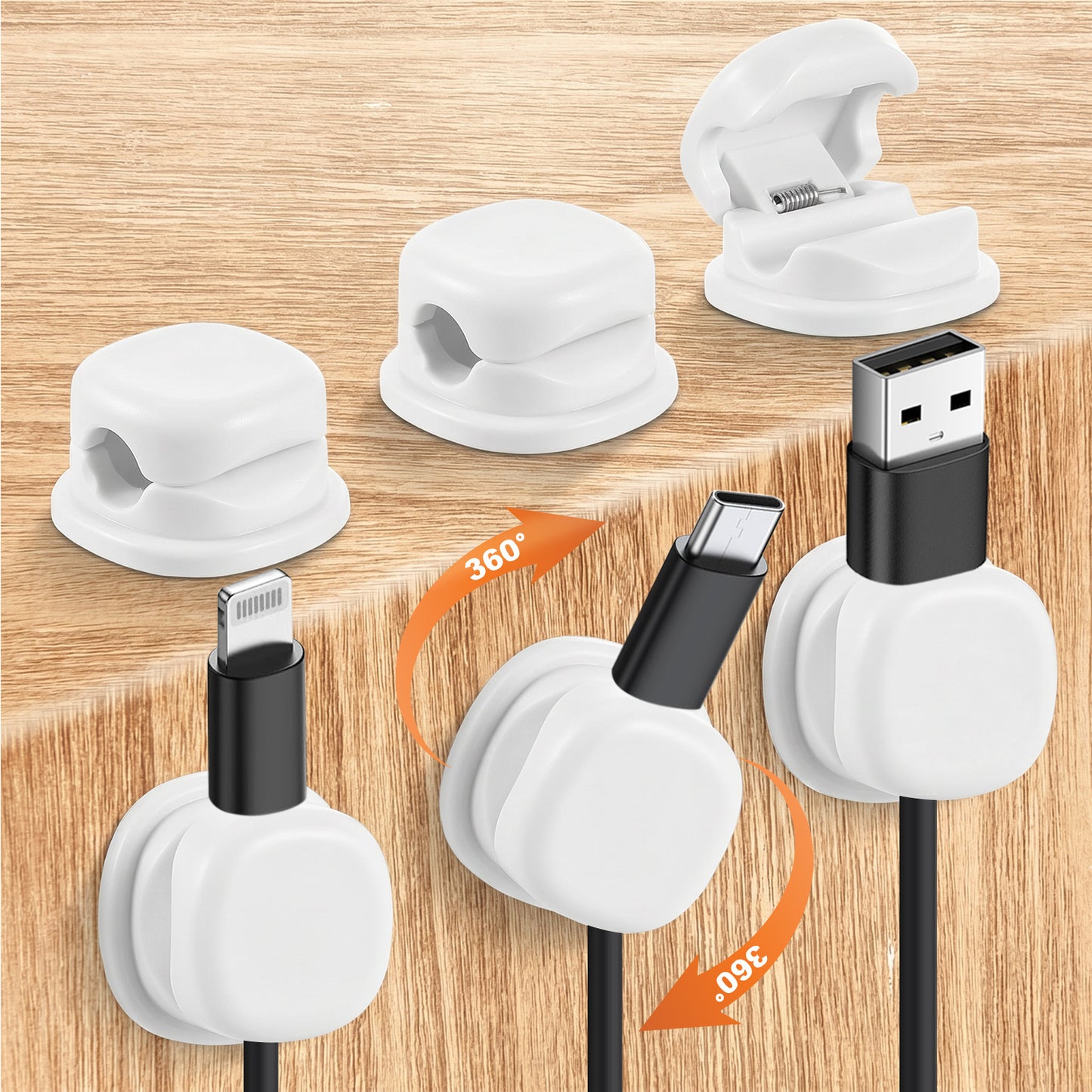 Rahhlzs 6 Pcs Cable Holder Spring Cable Clips with Clasp Lock Cables Organizer Strong Adhesive Cord Clips for Phone Charger Cord Nightstand Home Desk Office Car Wall Nightstand Accessories(White)
