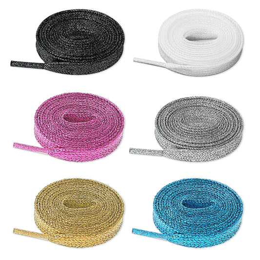 Teaaha 6 Pairs Glitter Shoe Laces Multicolor Elastic Stretchy Shoelaces 43" Metallic Glitter Solid Colors Flat Shoelaces for Sneakers Skate Boots Sport - One Size Fits All