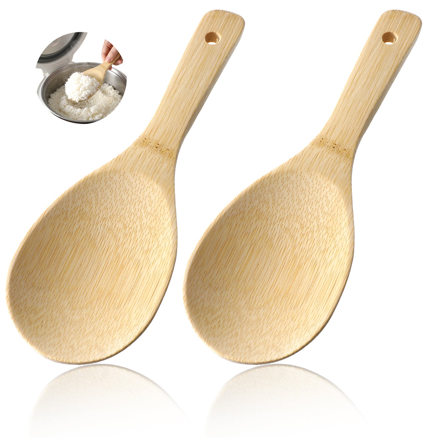 RAHHLIZS 2 PCS 8 Inch Bamboo Rice Paddle, Non-Stick Rice Spoon & Rice Spatula, Natural Bamboo Spoons for Cooking, Lightweight Heat Resistant Safe for Kitchen Restaurant Grains