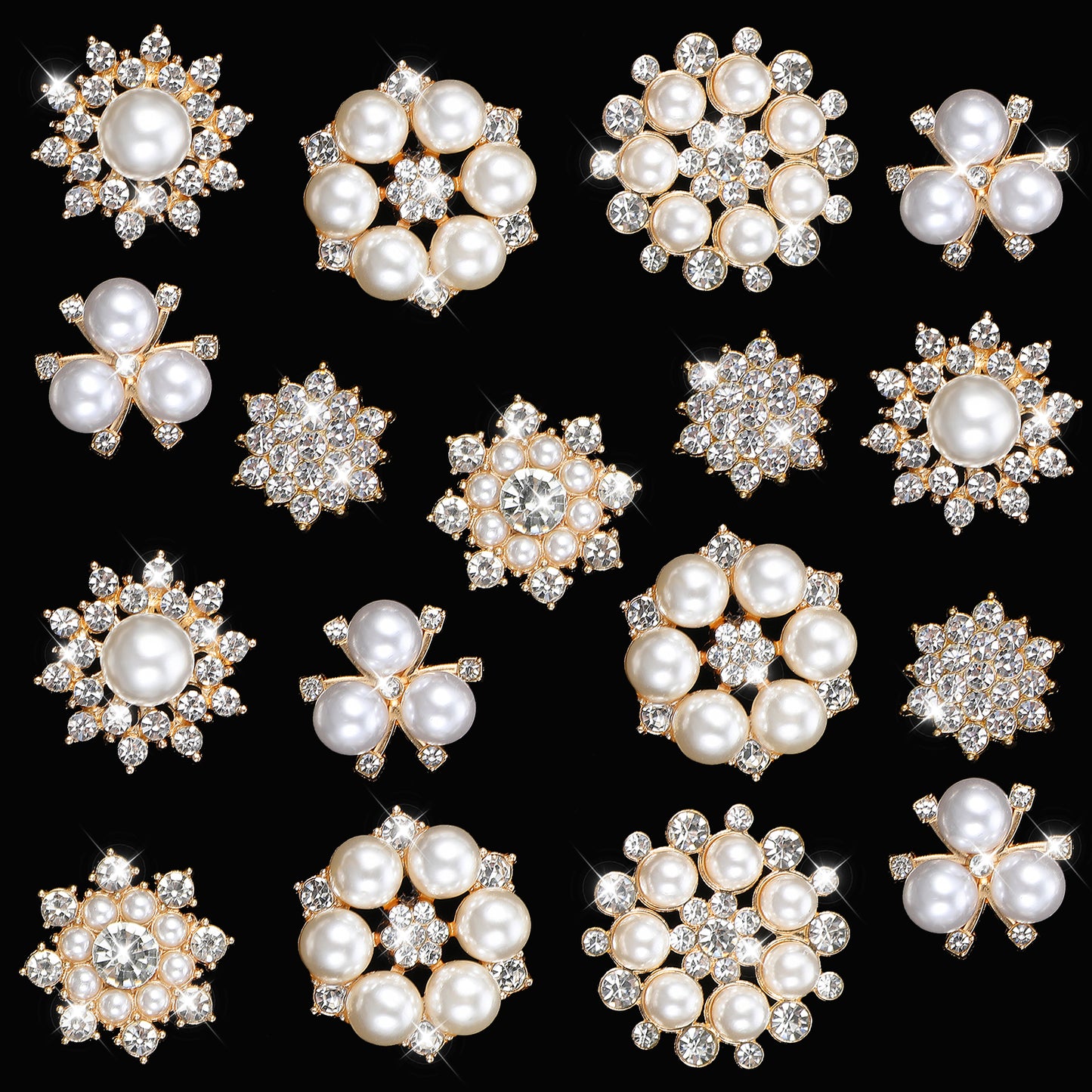 18PCS Rhinestone Pearl Buttons Sparkle Assorted Small Crystal Snowflake Flower Brooch Pins Silver Crafts Charm Embellishment, Wedding Bouquet Brooches for Women DIY Clothes Bags Shoes Decoration