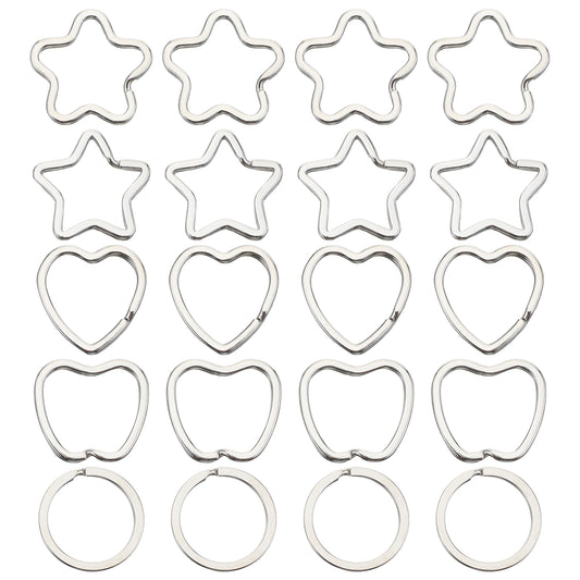 20PCS Metal Keyrings Silver Heart Star Apple Flower Circle Shape Keychain Metal Flat Split Key Chain Rings Clip Holder Organizer for Crafts DIY Home Car Keys Women Men