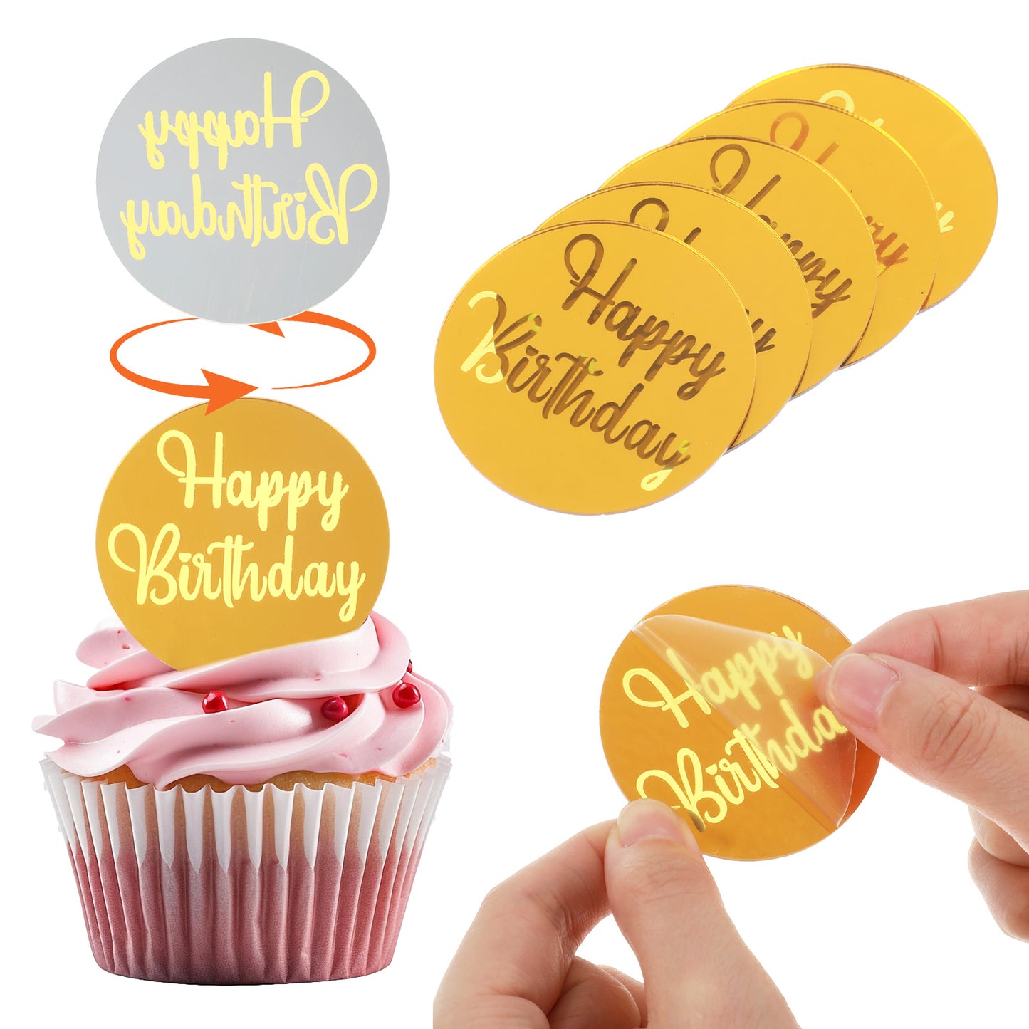 Matwsec 24 Pcs Mirror Gold Happy Birthday Cake Topper, Round Acrylic Cupcake Toppers, Cake & Cupcake Decorations for DIY Birthday Party Anniversary Pastries Decorations