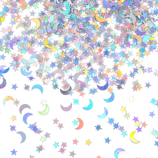 Tyqour 6000 PCS Star Confetti Glitter Moon Confetti Paper Holographic Metallic Paper for Party Decorations, Wedding, Birthday, Halloween, Christmas Decoration, 45g Colorful Plastic Shapes