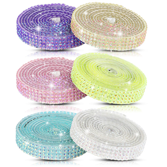 Tyqour 6 Rolls Rhinestone Ribbon, Self Adhesive Rhinestone Strips Tape, Glitter Ribbon Roll, Bedazzling Strips for Crafts, DIY, Wedding, Shoes, Phone Cases, Decoration