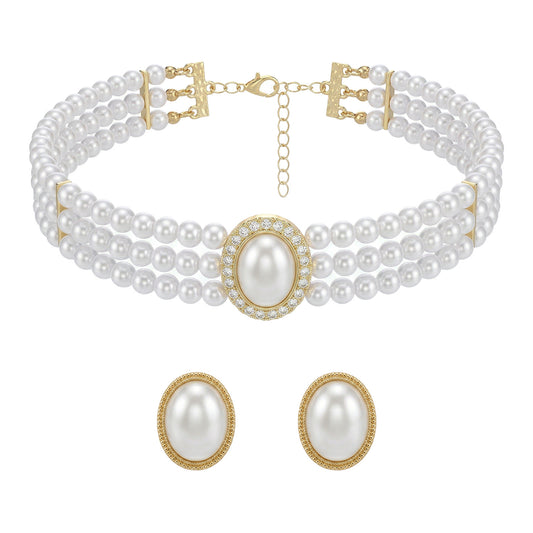 Ymapinc Vintage Faux Pearl Choker Necklace & Earring Set for Women, Big Pearl Statement Jewellery, Classic Chokers Jewellery Sets for Wedding Prom Party Costume Gift