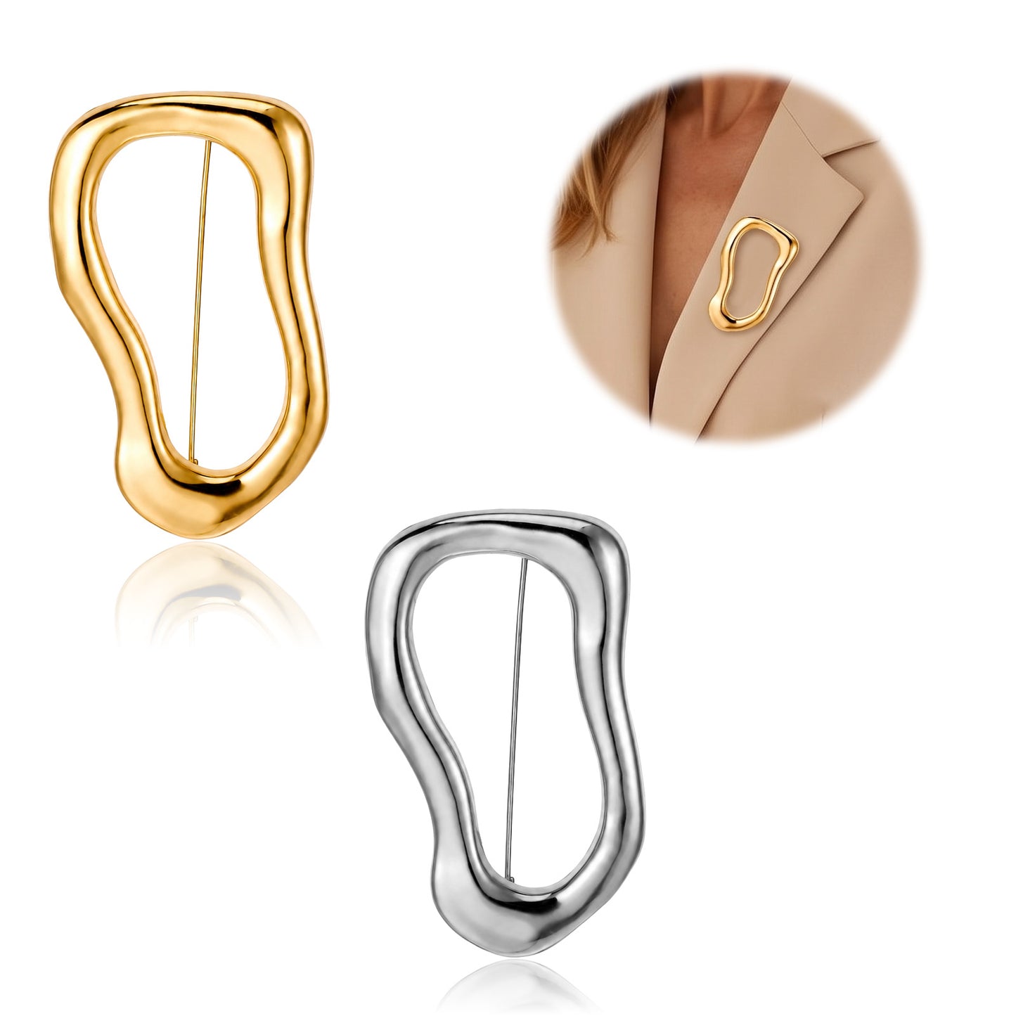 Ouligay 2 PCS Gold/Silver Irregular Brooches Metal Geometric Brooch Pins