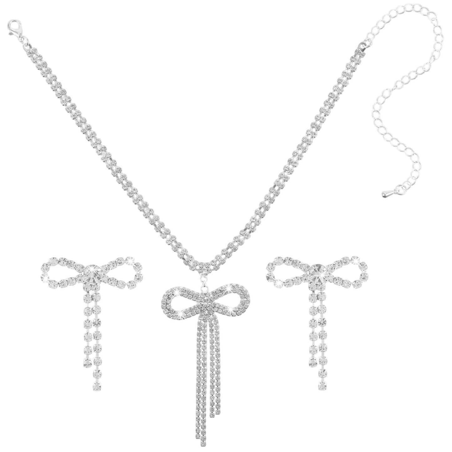 Shimmeroo Rhinestone Bow Jewelry Set, Silver Choker Necklace and Earring Set, Sparkly Bowknot Necklace and Earrings, Crystal Jewelry Sets for Women Prom Wedding Banquet Accessories