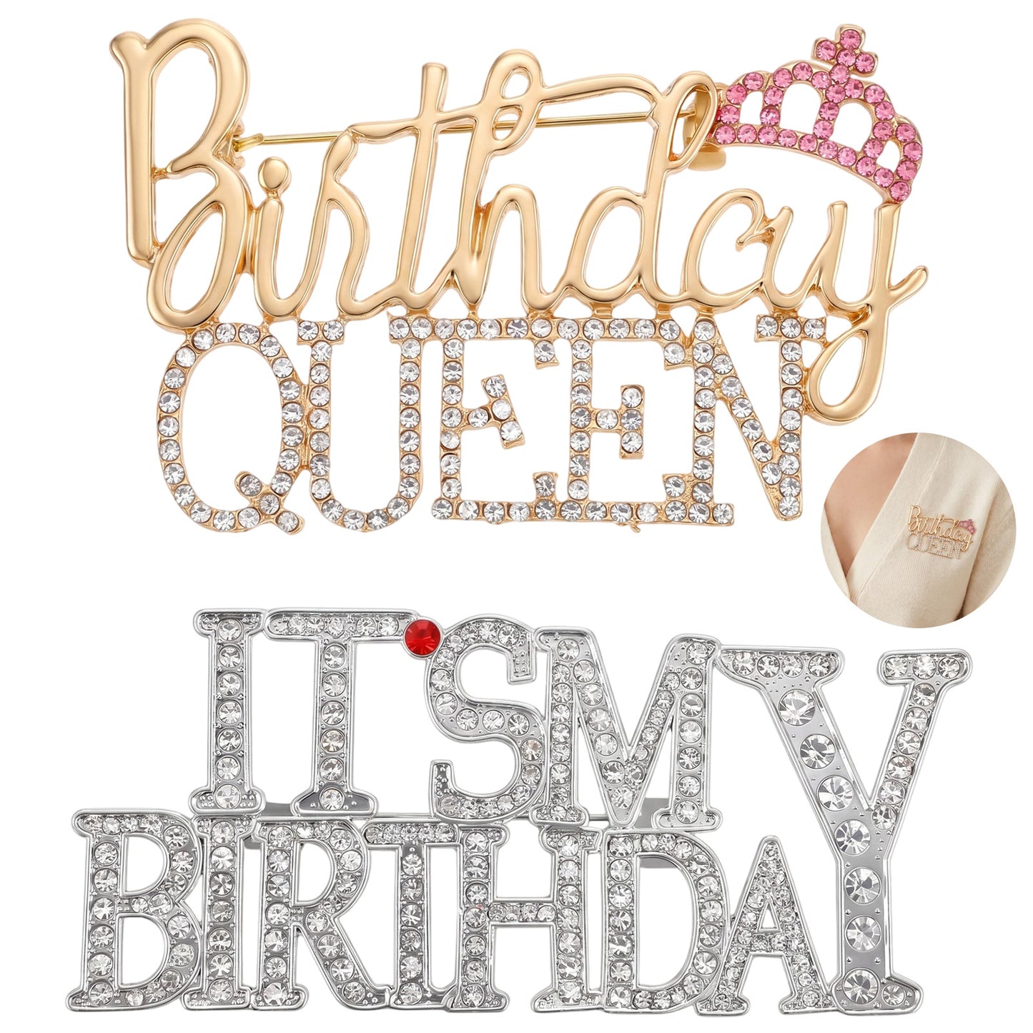 2Pcs Womens Birthday Brooches Pins Its My Birthday Brooch Pin Birthday Queen Rhinestone Brooch Pin Happy Birthdays Badges Zinc Alloy Brooches Badge Pins Shiny Lapel Birthdays Party Decoration