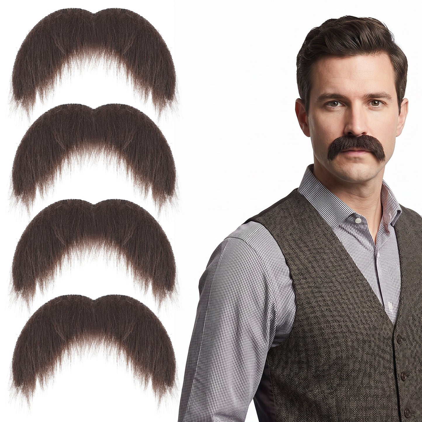 RAHHLIZS 4 Pcs Men Brown Fake Mustache Self Adhesive Realistic Mustaches, Fake Facial Hair Beard Stick on Face