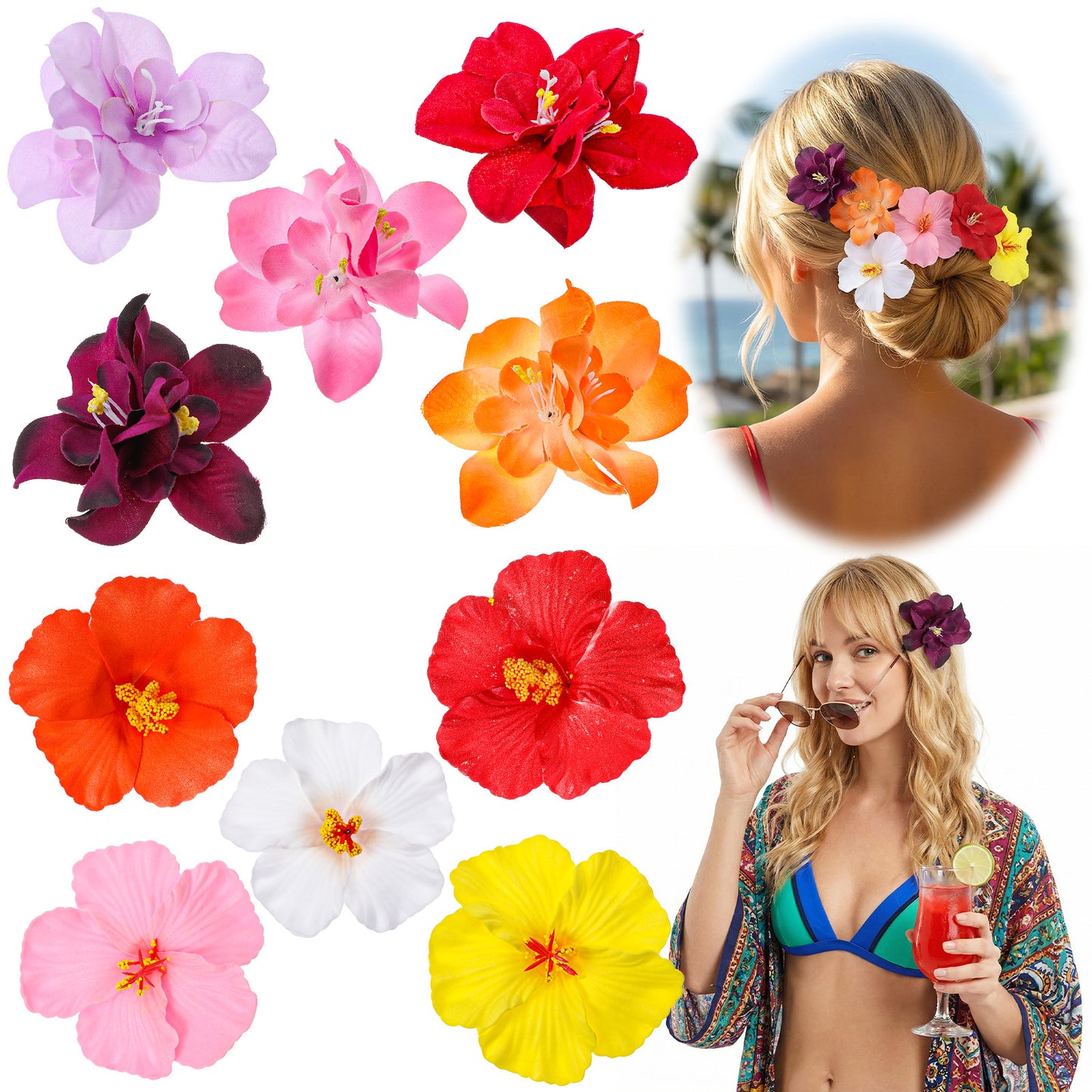 Ouligay 8 PCS Hawaiian Flower Hair Clips for Women, Plumeria Hibiscus Hairclip 3.5 Inch Bohemian Artificial Flowers Clips Hair Accessories for Summer Vacation Party Beach Seaside Beach Accessories