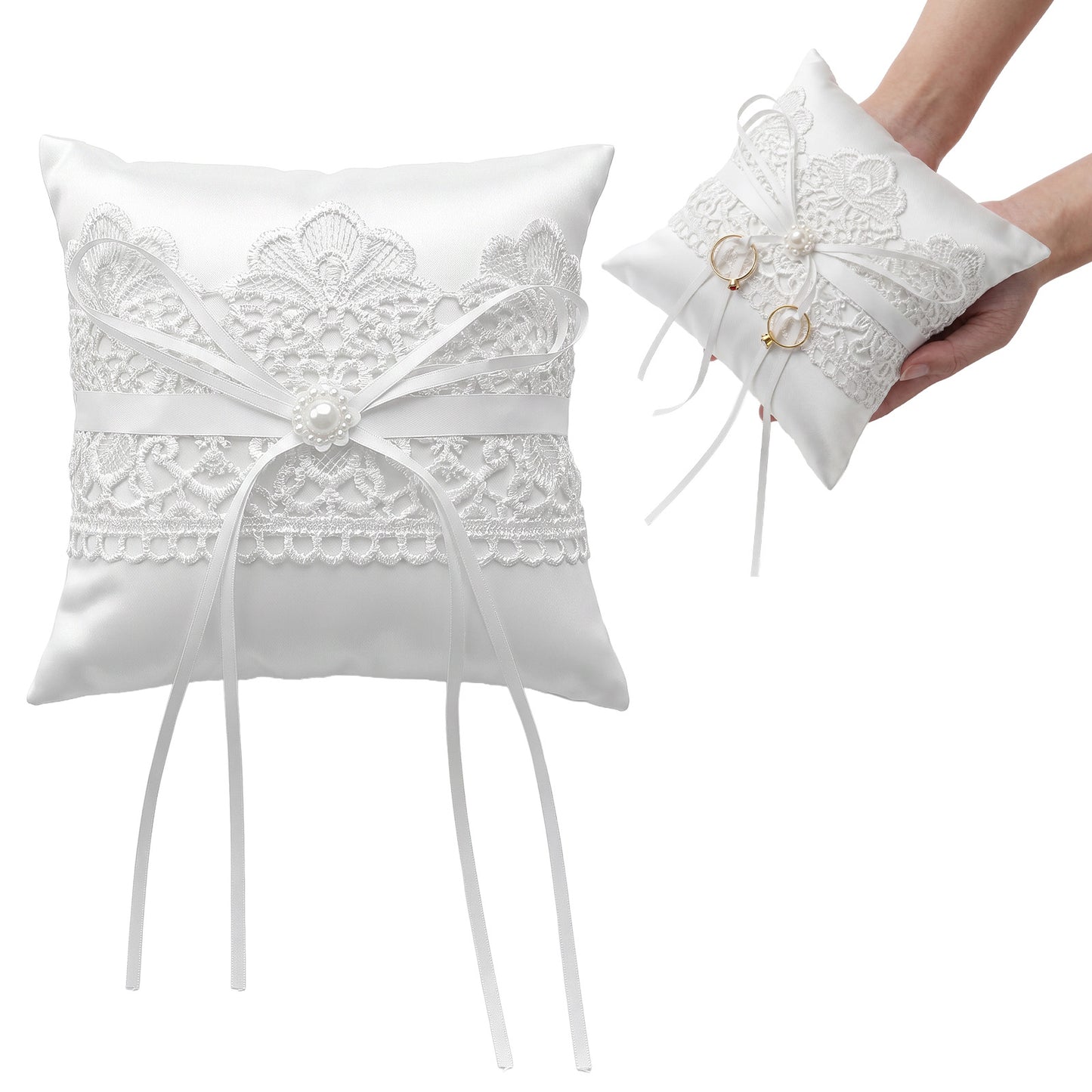 Wedding Ring Bearer Pillow, Elegant Lace And Pearl Design, Lace Fairy Ring Pillow White Polyester Cushion For Ceremony And Anniversary, Engagement Party & Bridal Shower Decor 5.9 X 5.9 Inches