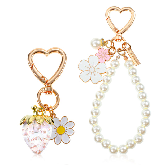 2PCS Cute Strawberry Keychain, Bag Charm, Purse, Car Accessories for Women Girls, Kawaii Flower Car Key Chain Gift for Mother's Day Birthday Valentine's Day