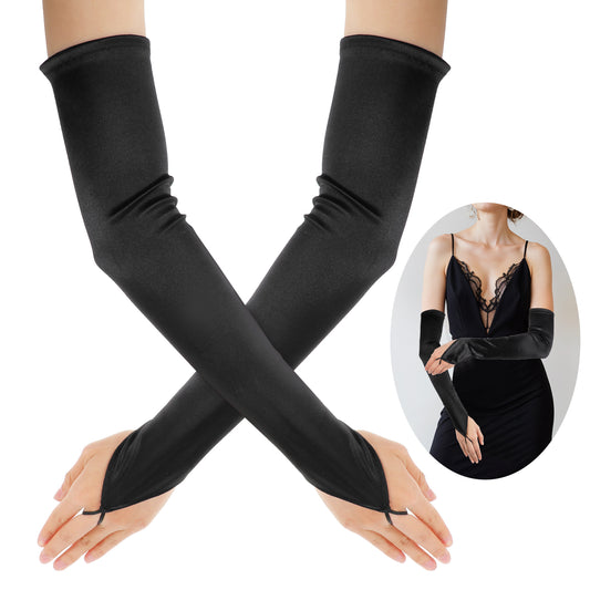 Teaaha Fingerless Long Satin Gloves, Fingerless Opera Gloves, Black Gloves Costume Black Fingerless Gloves, Stretchy Elbow Length Gloves for Wedding, Cosplay, Formal Events, Evening Parties