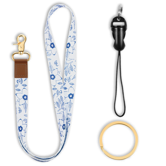 Ymapinc Lanyards for Keys with Blue Flower, Lanyards for Neck Women with a Detachable Key Ring, Lanyards for Id Badges and Keys, Thread Keychain and Lanyard Neck Strap (Blue, 20.08 Inch)