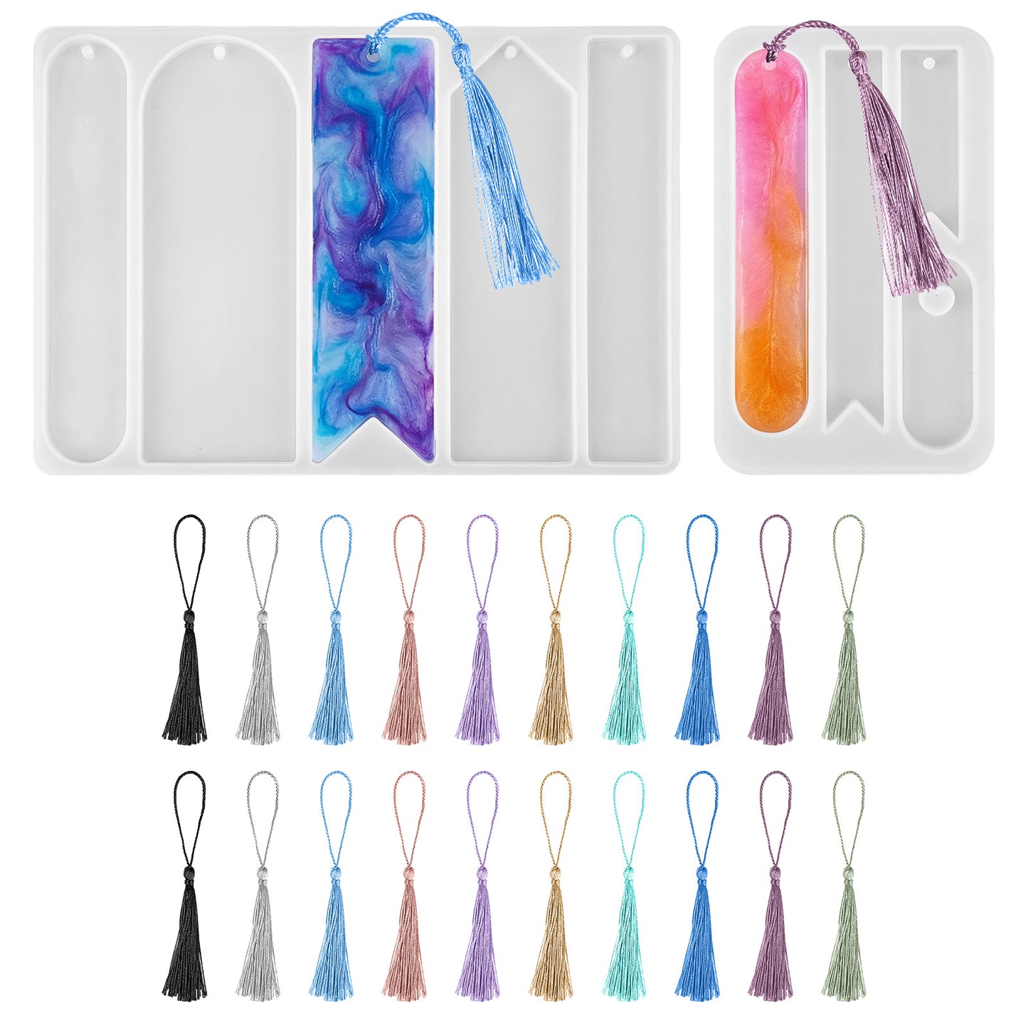 2pcs Bookmark Resin Molds Silicone with 20pcs Bookmark Tassels Reusable Multi-Shape Rectangle Bookmarks Molds Silicone for DIY Bookmarks Making Casting Crafts