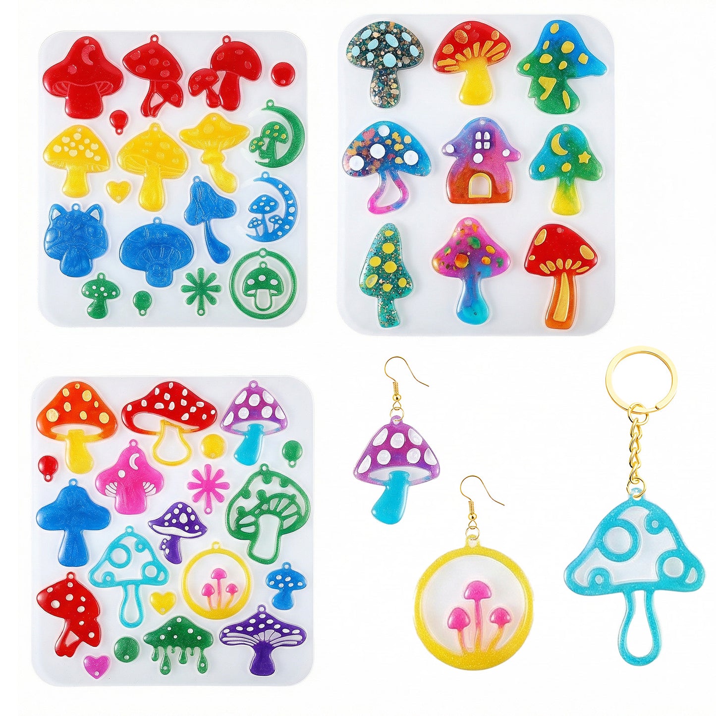 Shimmeroo 3Pcs Mushroom Resin Moulds Silicone,Resin Keychain Molds,Silicone Moulds for Resins Craft Mold Making Kit for DIY Keychains Necklace Pendant