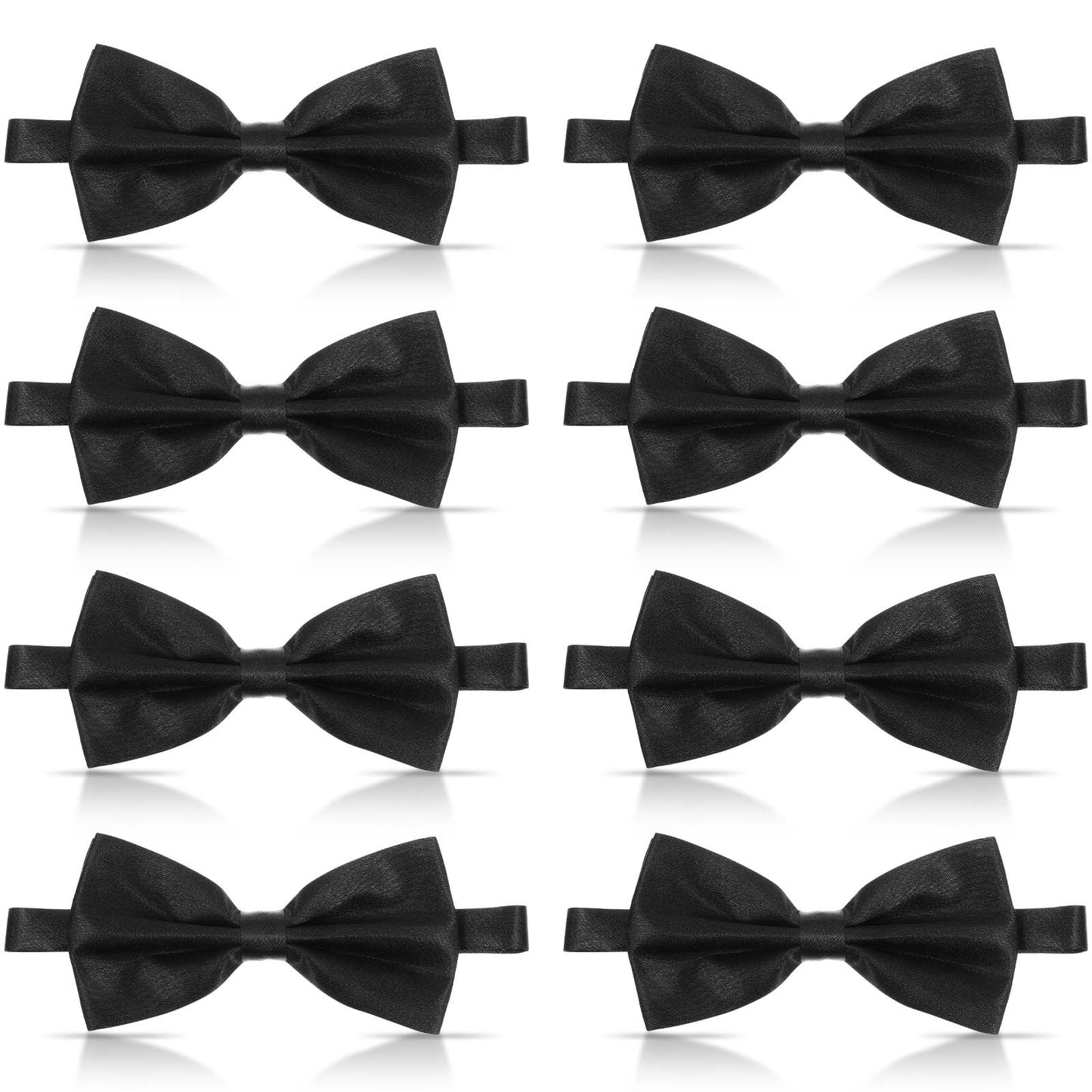 8PCS Black Bow Tie Solid Color Pretied Adjustable Bowtie Satin Silk Tuxedo Bow Ties for Men Boys Necktie Clip on Tie Wedding Party Concerts and Formal Events