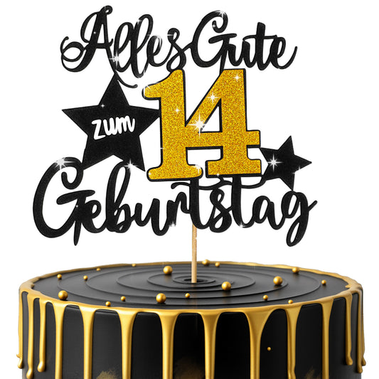 1 PCS Happy 14th Birthday Cake Topper, Black Gold Glitter 14th Birthday Cake Decorations for 14 & Fabulous Cakes Hello 14 Anniversary Party Cakes Decorations Supplies
