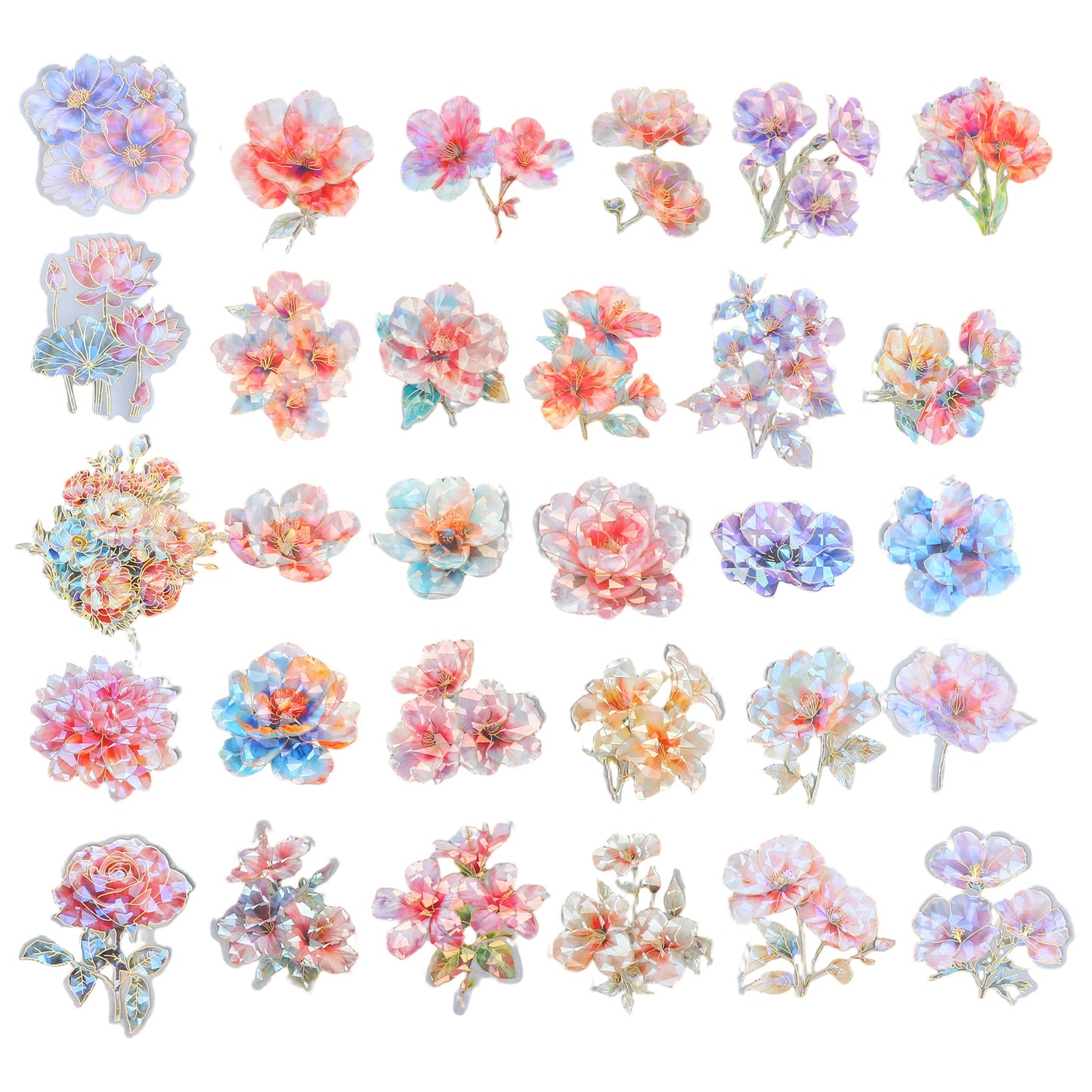 Nogeqi 30 Pcs Sparkly Flower Stickers, Clear Pet Glitter Plant Floral Stickers Waterproof Holographic Transparent for Scrapbook Supplies Journal Planners Art Craft