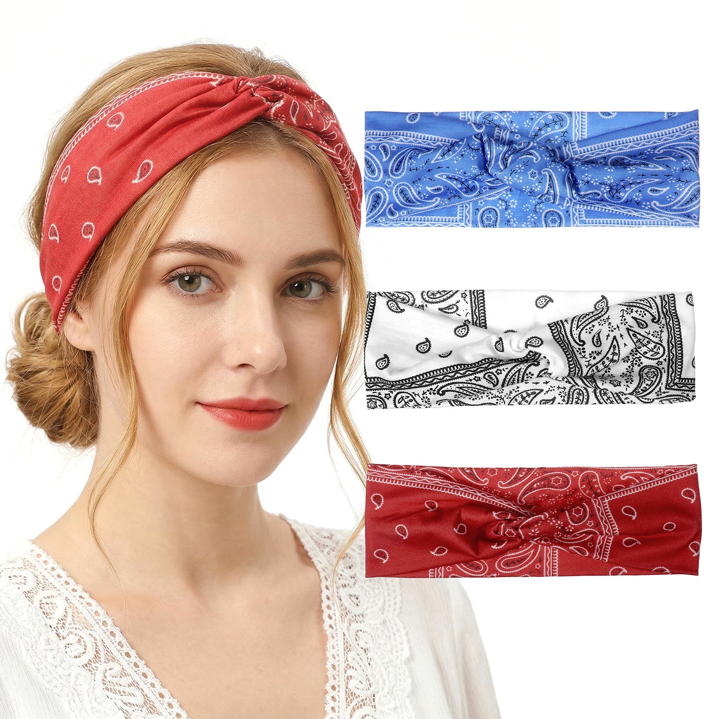 Mabor 3 Pcs Elastic Headbands for Women, Stretchy Bandana Hair Wraps with Pattern, Soft Fabric Headband for Yoga Running Workout Daily Style