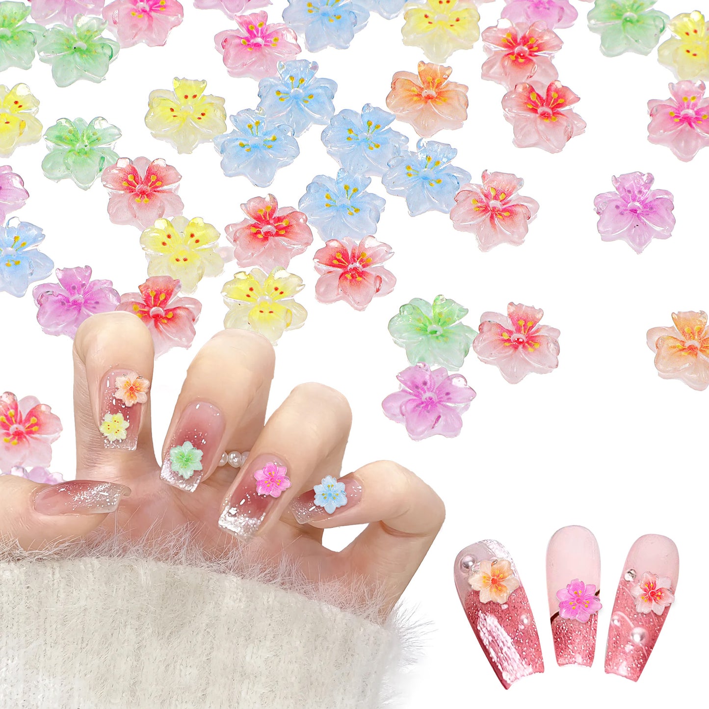 200PCS Flower Nail Charms 3D Tropical Hawaii Flowers, Colorful Acrylic Nails Art Gems Flatback Pearl Mini Caviar Beads, Translucent Summer Floral Nail Gem Jewelry Nails Design for Women Manicure