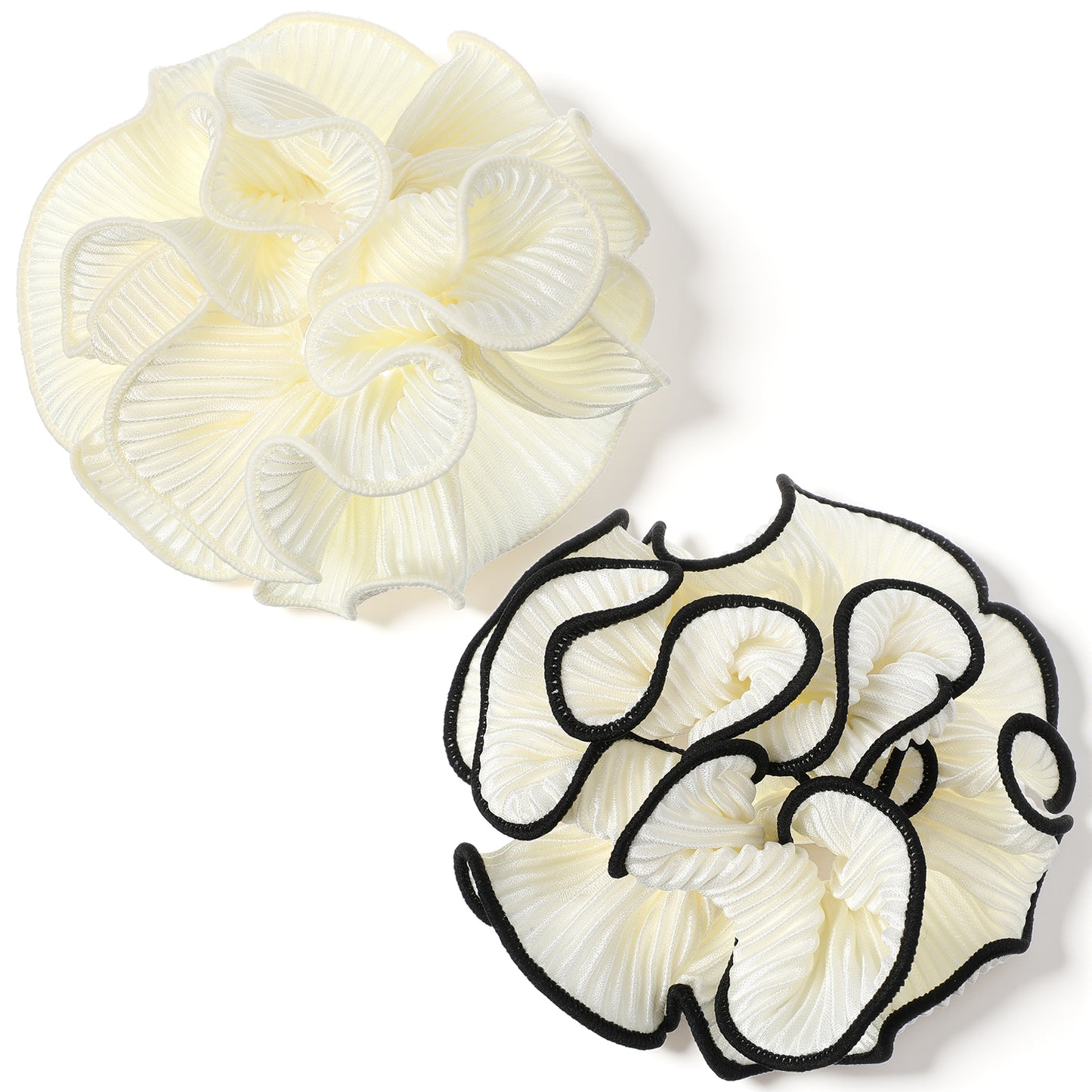 2Pieces Oversized Scrunchie, 4.72 Inch Double Layer Pleated Ruffle Design, Black and Beige Satin Silk Hair Ties, Extra Large Hair Ties for Thick & Curly Hair for Voluminous Look