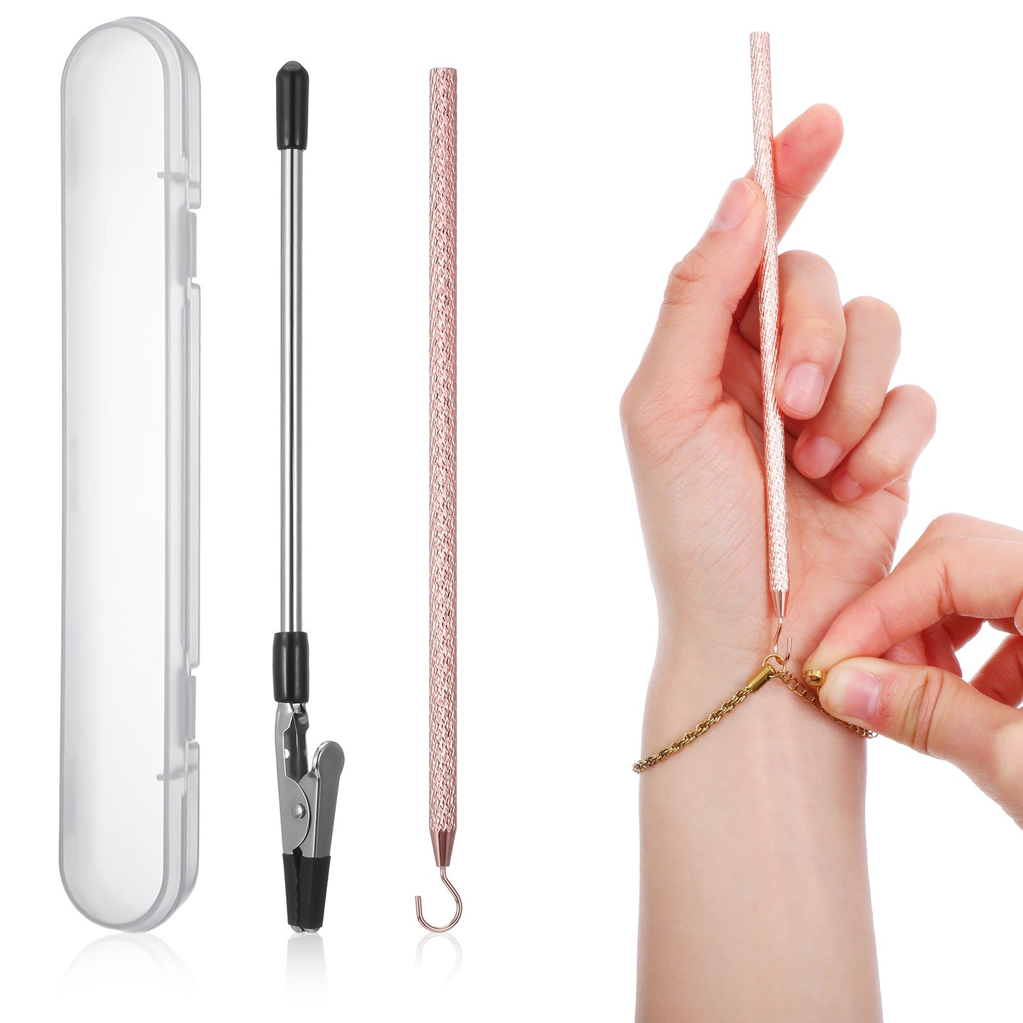 Nogeqi 2 Pcs Bracelet Assistance Tool Hook, Bracelet Fastener Helper to Put On Yourself Portable for Necklace Jewelry Clasps Zippers Watch Crafts Adjustment (Silver and Rose Gold)