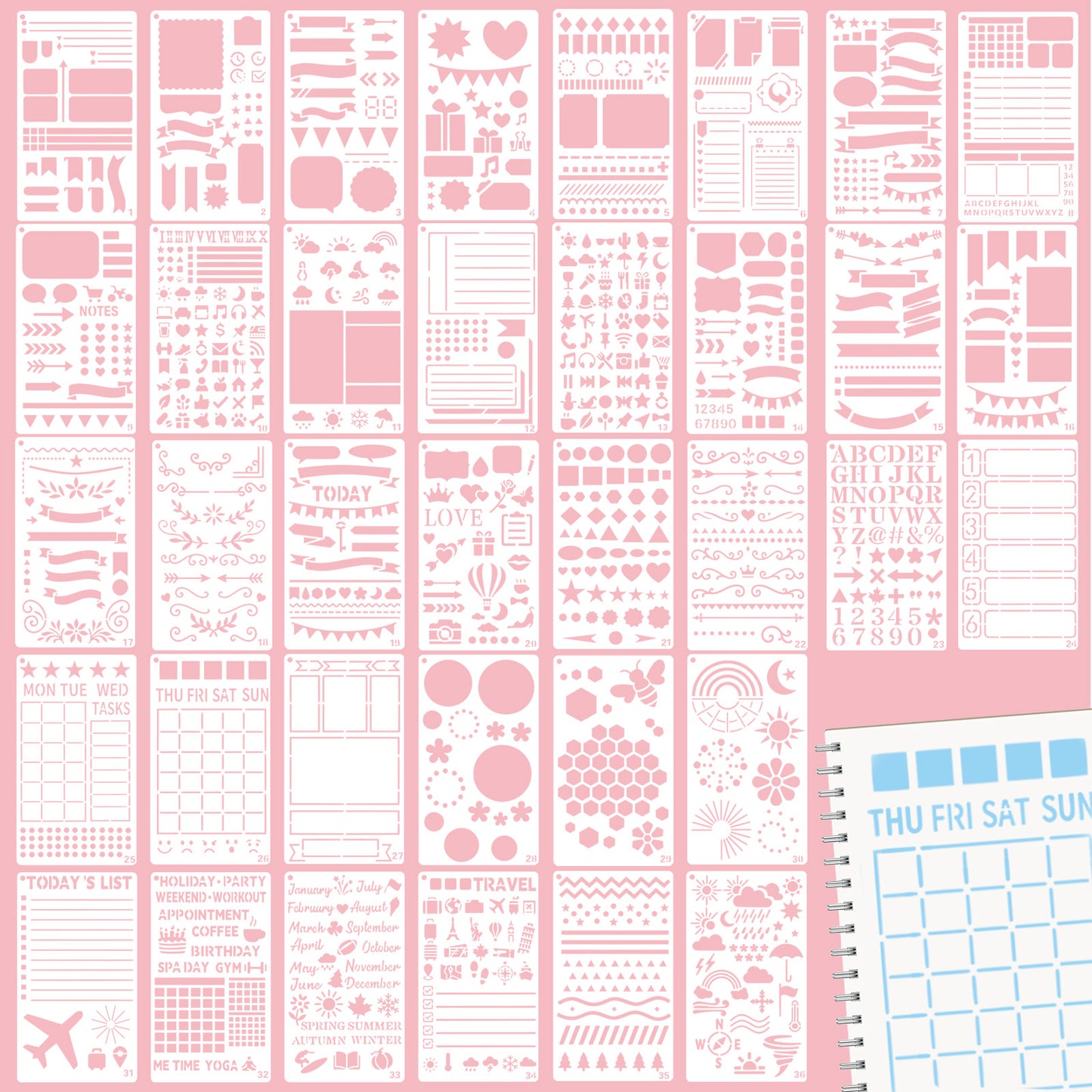 RAHHLIZS 36pcs Journal Stencils, Reusable Paint Stencils