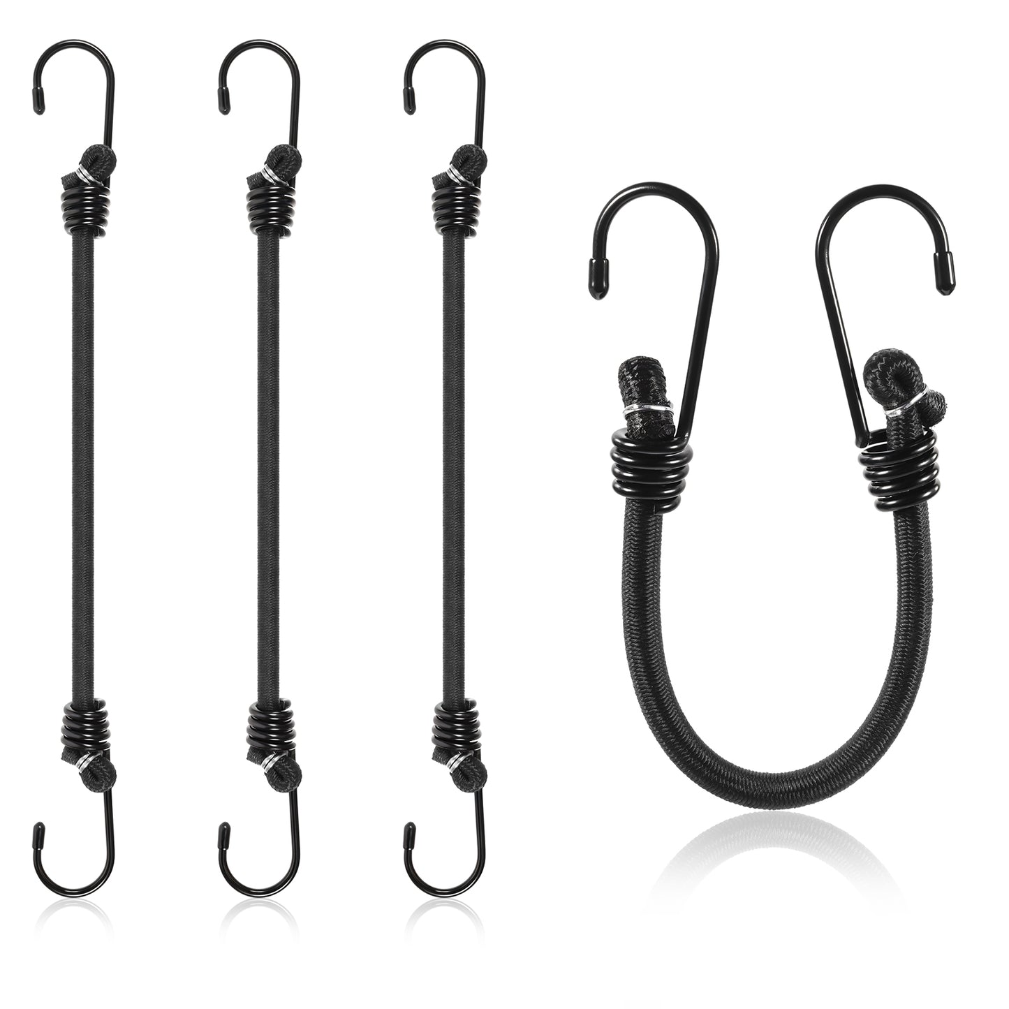 Nogeqi 4 Pack Black Bungee Cords with Hooks Heavy Duty, 12 Inch Bungee Straps with Metal Hooks for Tents, Tarps, Camping, Hiking, Hunting, 0.3 Inch Diameter