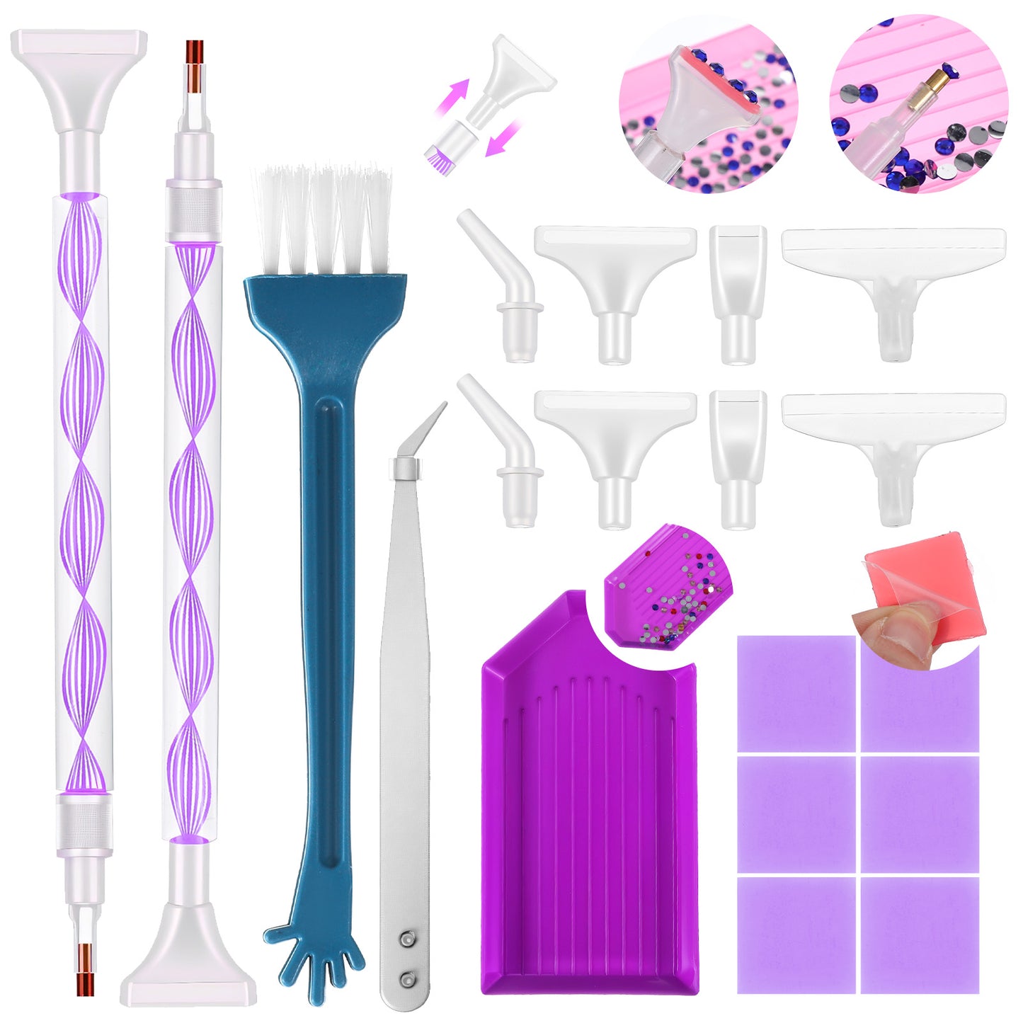 Mabor 19Pcs Diamond Dot Pen with Tray, Glue Clay, and Plastic Various Replacement Tips, 5D Diamond Art Pens Tools with Dual-Ended Drill Pen Accessories for Adults DIY Nail Art Crafts, Purple