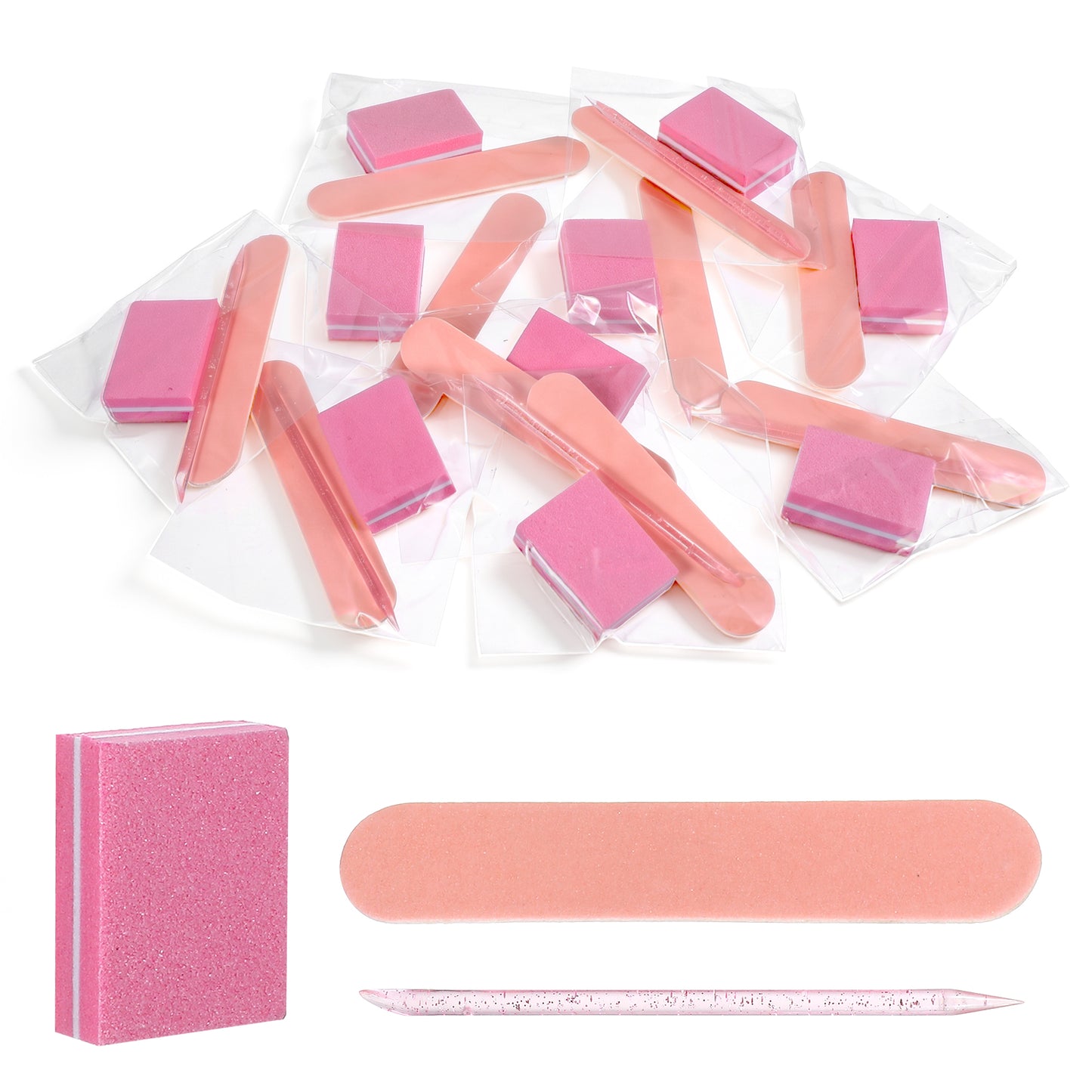 10 Sets Disposable Manicure Kit, Individually Packaged Nail Kit with Mini Nail File, Mini Nails Buffer, Wood Nails Stick for Salon & Home, Pink
