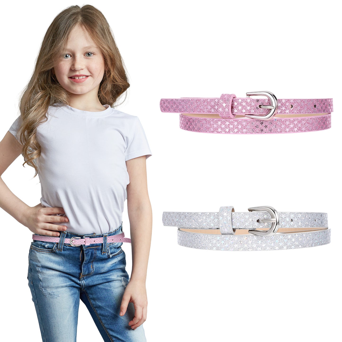Xinjoduz 2 PCS Boys Belt, Glitter PU Leather Girls Belt with O-Ring Buckle Skinny Elastic Belts for Women Stretch Adjustable Toddler Belt for Jeans Dress School Uniforms(Silver & Rose Red)