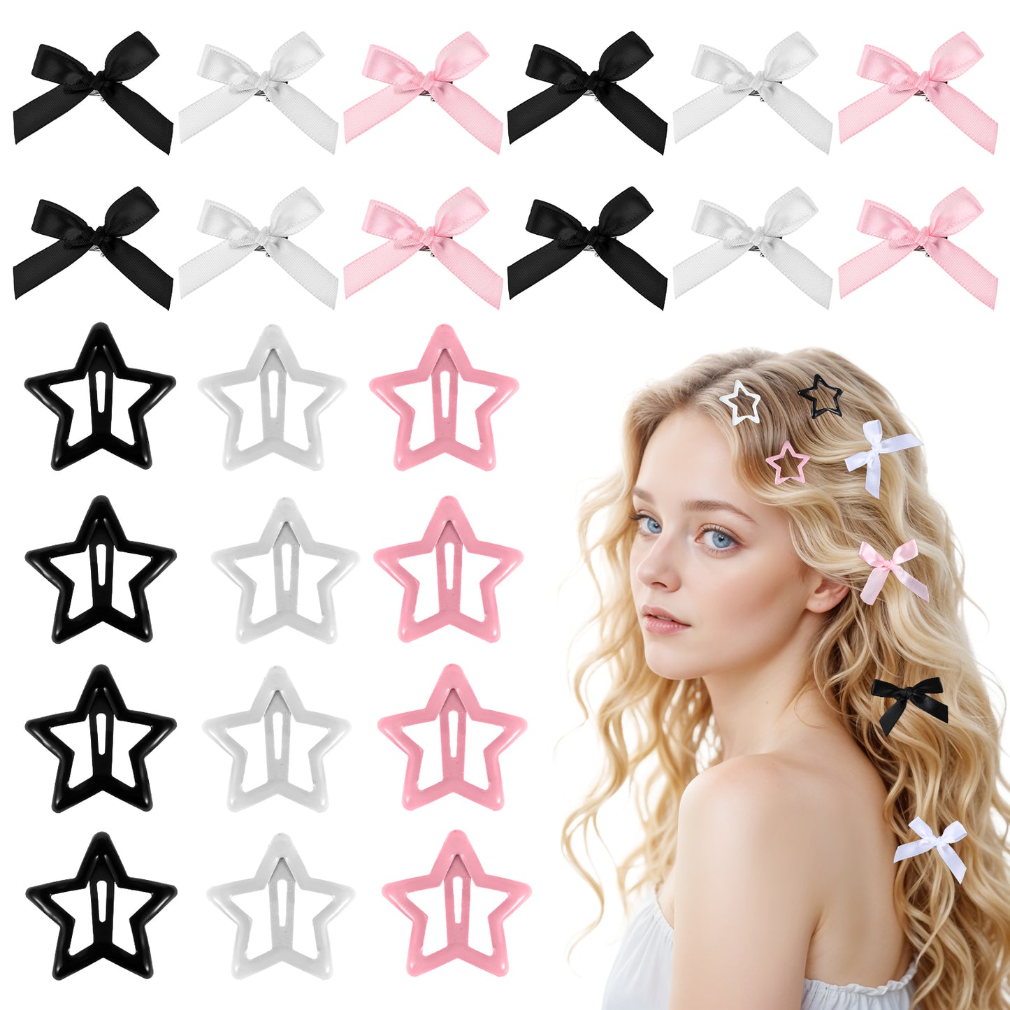 24 PCS Bow Hair Clips, Star Hair Clips, Bow Star Shaped Hair Clips, Satin Mini Hair Bow Clips, Y2K Star Barrettes, Bowknot Star Metal Snap Hair Accessories for Women, Girls (3 Colors)